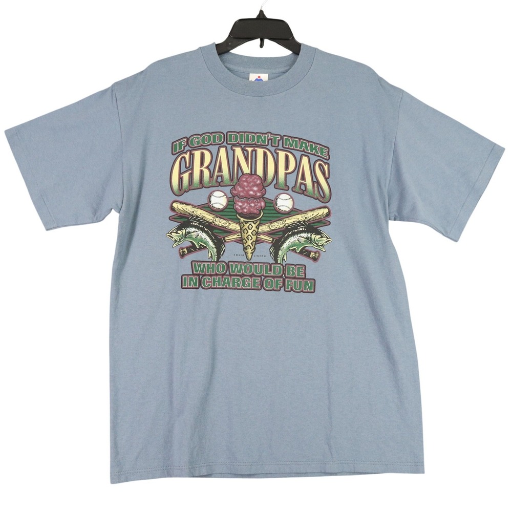 Vintage 90s HL Miller Grandpa Tee Mens L Blue Fishing Baseball USA Made